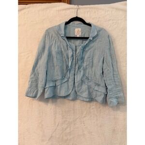 Think Tank Women L 100% Linen Ruffle Hook Eye Cropped Jacket Blazer 3/4 Sleeve